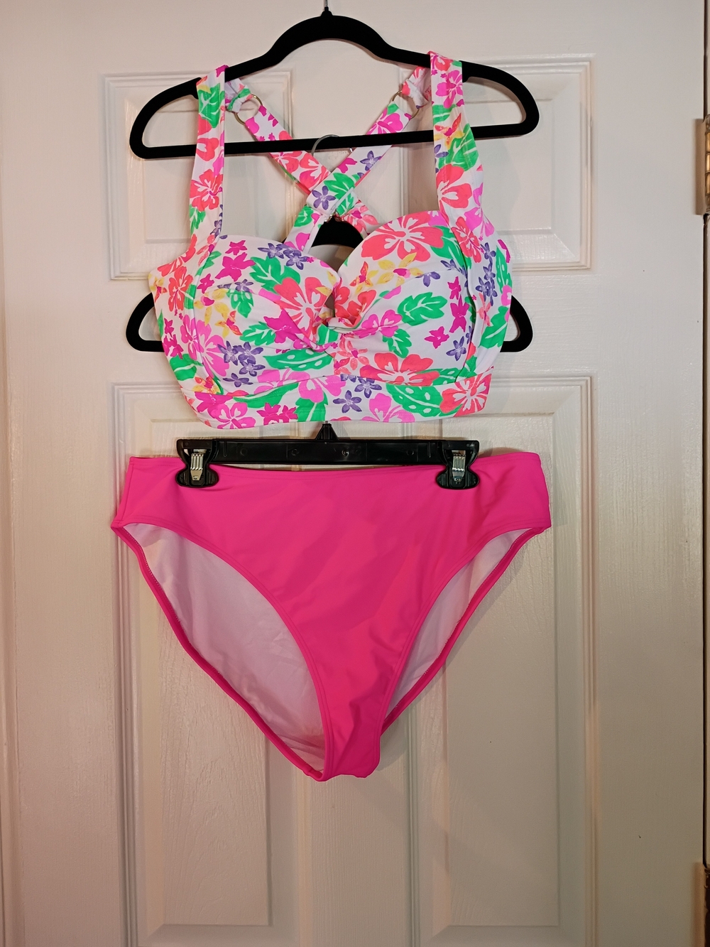 Floral Crossback Bikini Top with Hot Pink High-Waist Bottom